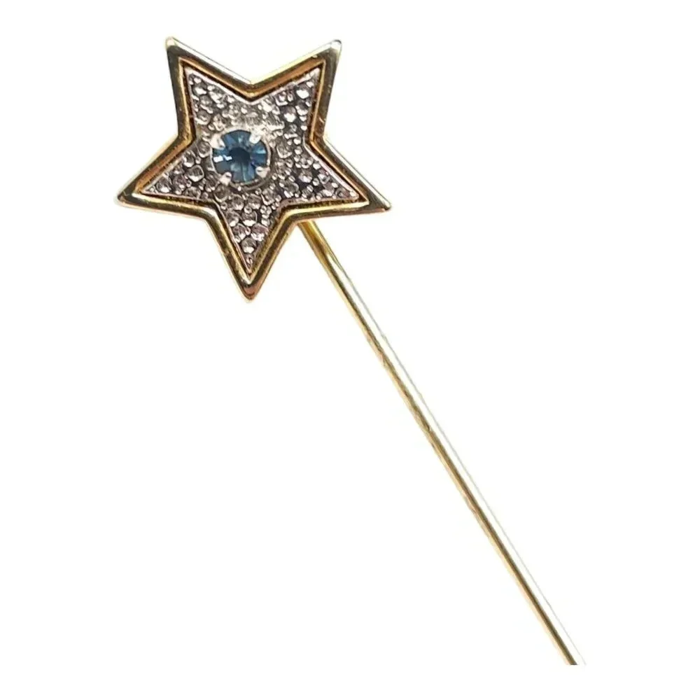 Avon Star Blue Rhinestone Sparkling Hat Lapel Stick Pin Gold Tone Vintage